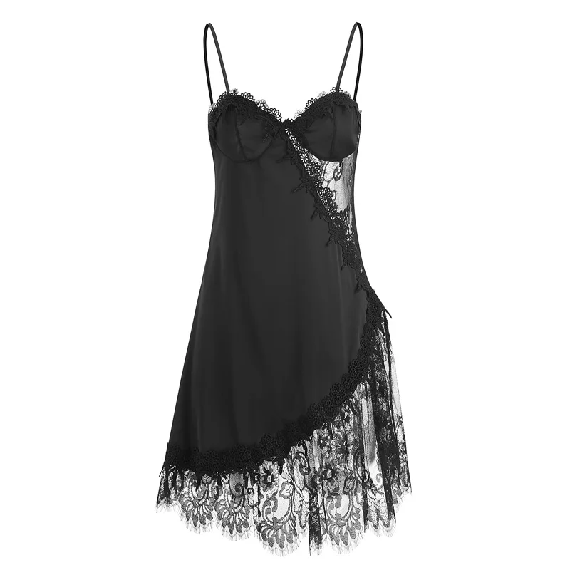 Пикантная женская летняя тонкая кружевная Пижама на бретельках с открытой