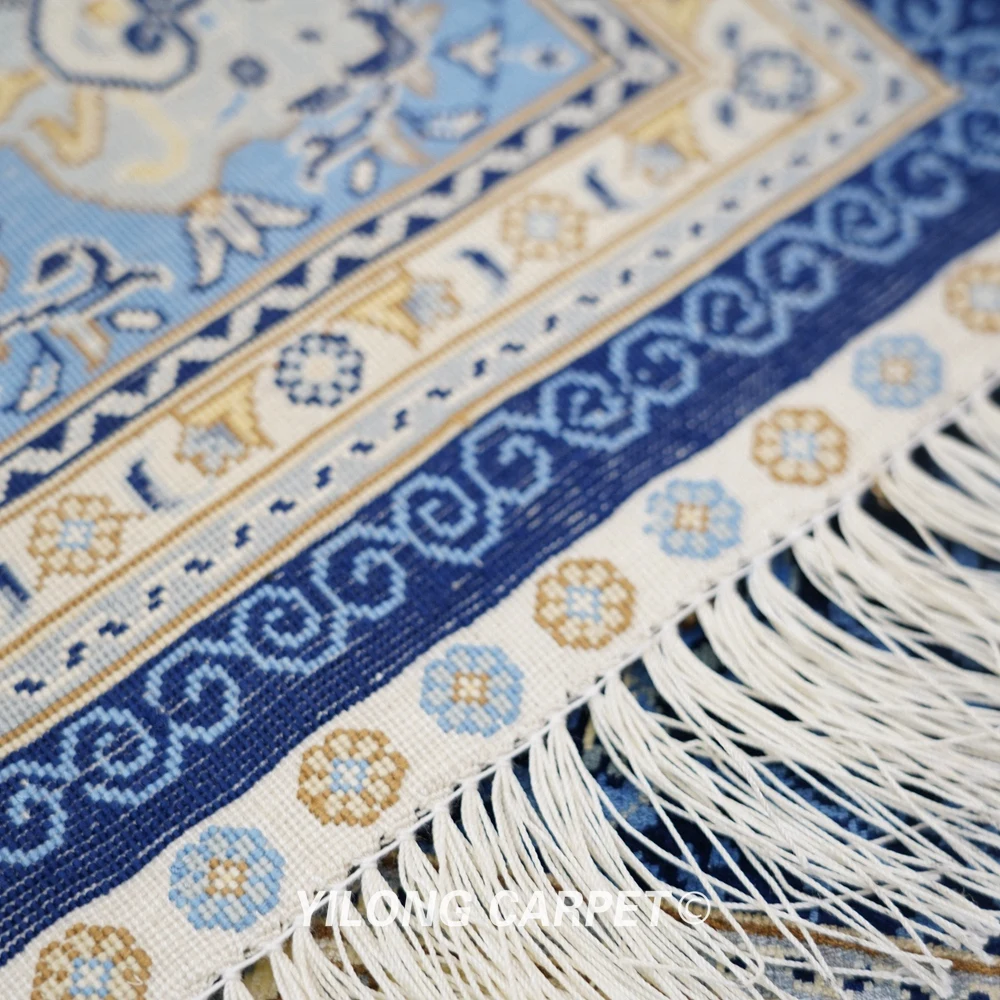

Yilong 5'x7' Persian silk carpet dark blue vantage handmade silk isfahan rug (YWX120A)