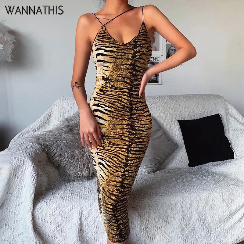 Платье WannaThis женское с принтом тигра облегающее эластичное модное вечернее на
