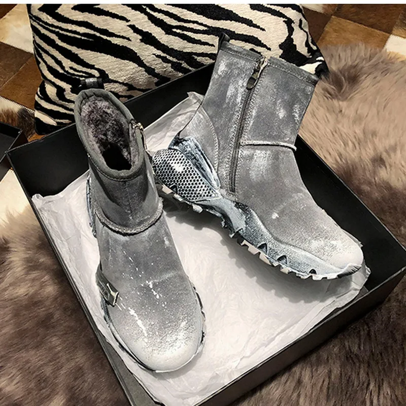 Грязные зимние ботинки из серой кожи популярная женская обувь на массивной