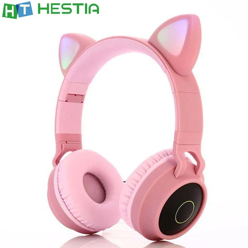 

BT028C Bluetooth 5.0 Wireless Headphones Foldable Design LED Ear Flash Cute Pink Earphones with Microphone Hands-Free for Gift