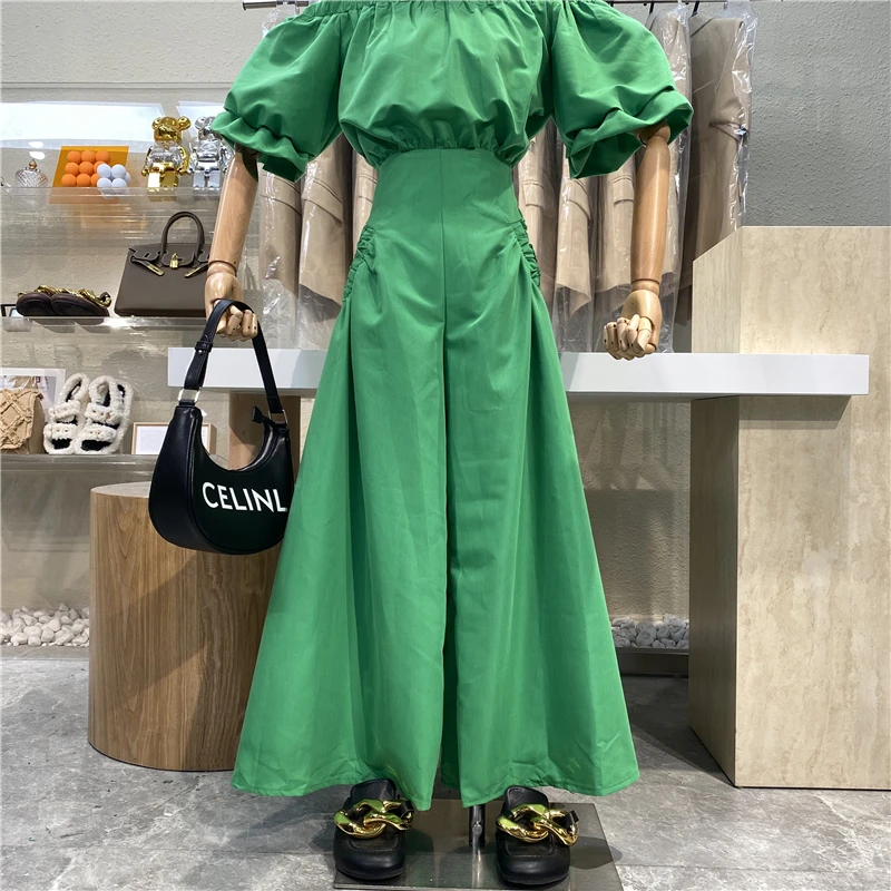 

Light Mature Air Quality Shoulder Bubble Sleeve Style High Waist Loose Fit To Show Thin Wide Legs Floor-sweeping Pants Jumpsuits