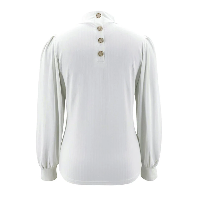 

2021 Turtleneck White T-shirts Casual Back Buttons Long Lantern Sleeve Pullover Tops Autumn Winter Elegant Solid Color Slim Tees