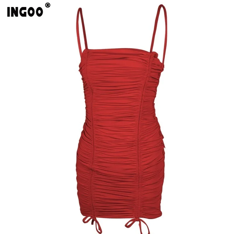 

INGOO Summer Spaghetti Strap Bandage Dress Women 2020 Sexy Party Night Ruched Slash Neck Sleeveless Drawstring Mini Club Dresses