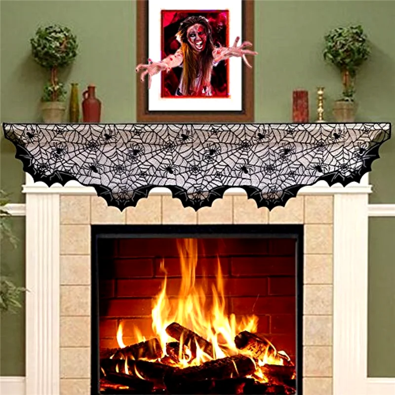 

51x203cm Black Lace Spider Web Cobweb Bat Fireplace Mantle Scarf Cover Stove Cloth Ghost Supply Halloween Decorations For Home