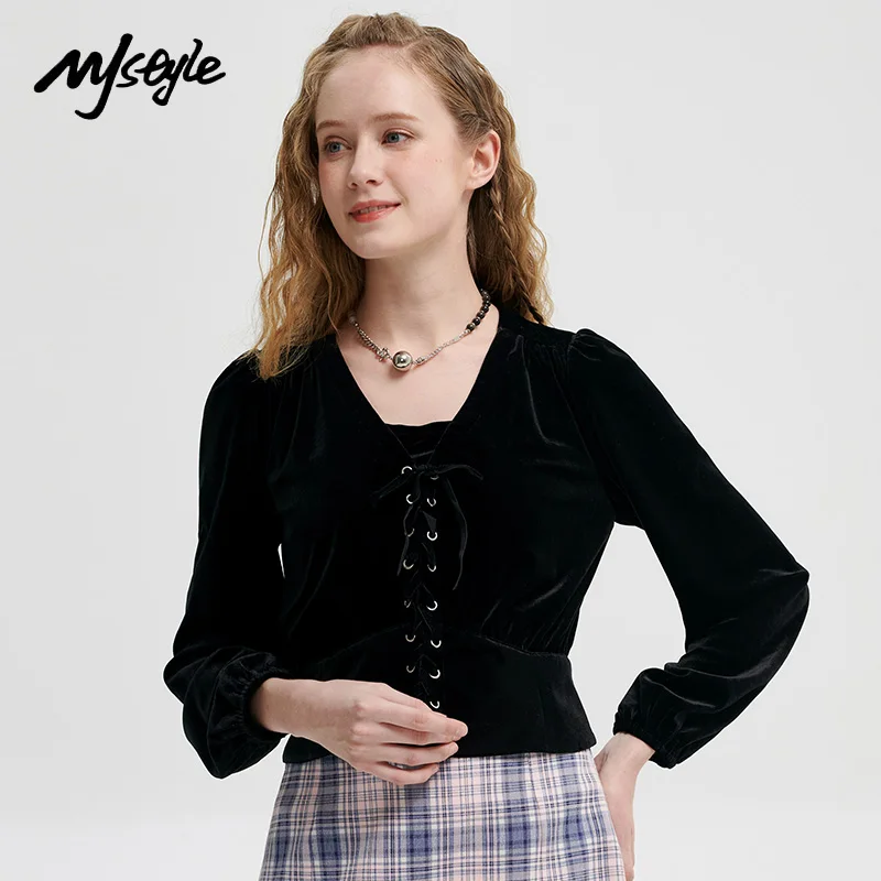 

MJ стиль 2021 Весна французский стиль Хепберн бархат Тонкий Топ для женщин, осень 2021 Женская одежда, бандажный Дизайн Женские топы 521310014