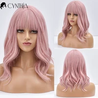 midium pink purple natural wave daily synthetic wigs with bangs for black white women heat resistant cosplay fake hair wavy wig