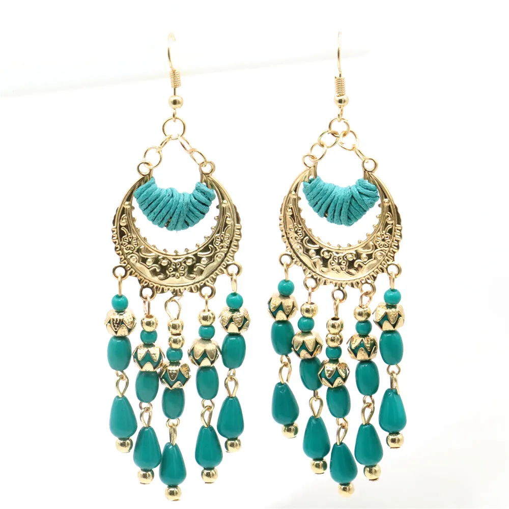 Женские серьги-подвески M375 простые этнические зеленые серьги с длинной