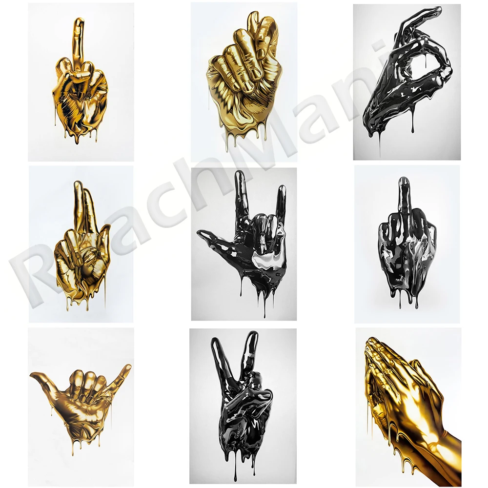 

Golden Hand, Black Finger Gesture Statue Art Canvas Painting Abstract Nordic Poster, Living Room Decoration Wall Art Picture Uni