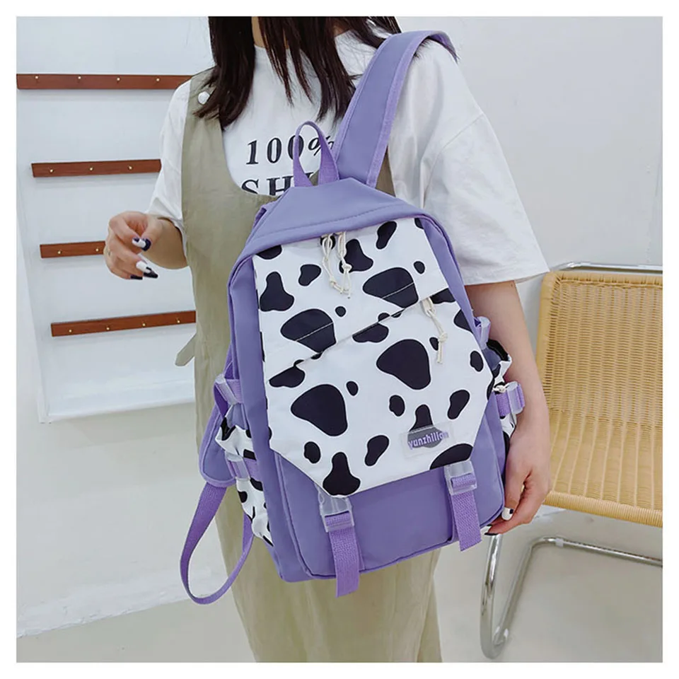 Cow Print Women Backpack 2021 Preppy Style Nylon Student Laptop Backpacks For Girls Large Capacity Travel Bag School Book Bag