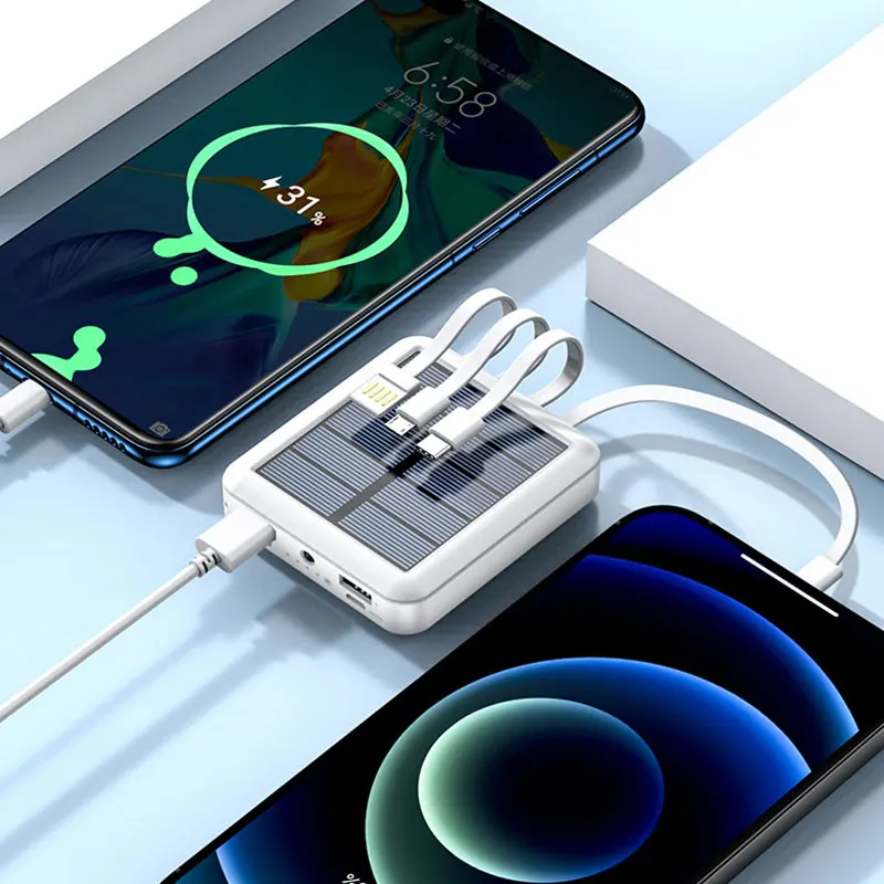 Solar Power Bank 100000mah Portable Built in 4 Cable Phone Charging Outdoor External Battery Powerbank for Xiaomi Samsung iPhone | Мобильные