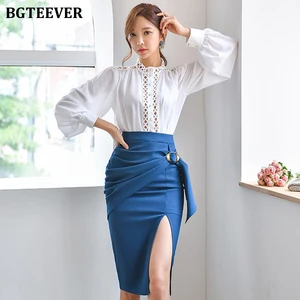 BGTEEVER, 2 штуки, Рабочий костюм, зимний свитер с узором, рукав, блузка и юбка-карандаш с вырезом, Женский костюм с юбкой, элегантный офисный Женский комплект 2019