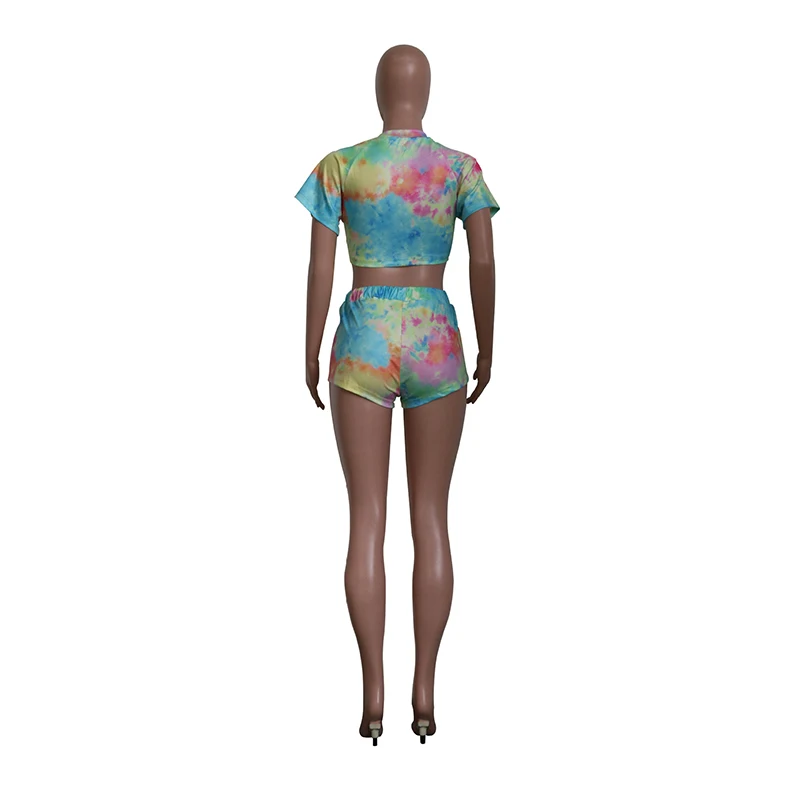 

Rainbow Tie Dye Print Two Piece Set Summer Clothes For Women Deep V Neck Short Sleeve Crop Top And Biker Shorts Sexy Sweat Suits