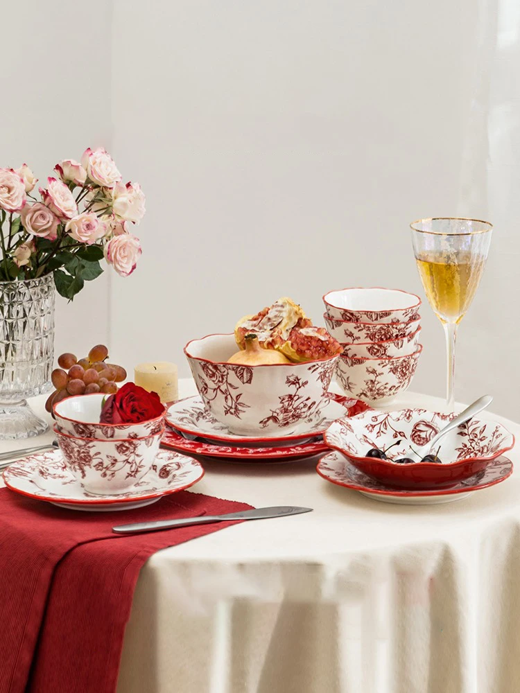 

Vintage Floral Ceramic Dinnerware Set Hand-painted 7inch Rice Salad Bowl Soup Pot Breakfast Dinner Plate Holiday Utensils