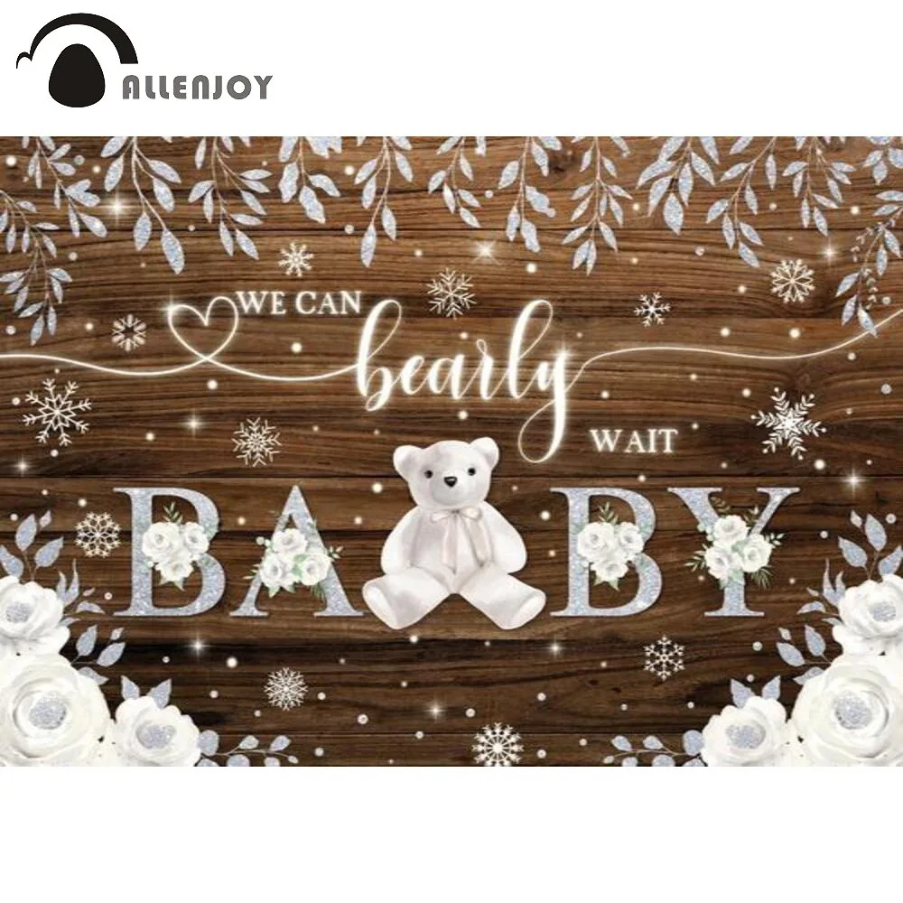 Allenjoy Wood Baby Shower Background Bear White Flowers Snowflake Winter Newborn Birthday Kids Backdrop Photography Photobooth