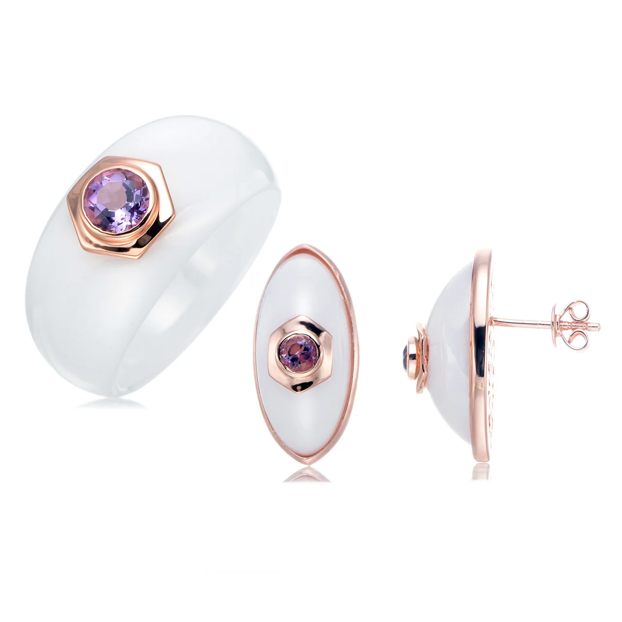 

Amethyst 18K Rose Gold Over Sterling Silver Jewelry Sets 0.77ctw with White or Black Ceramic ring and earrings