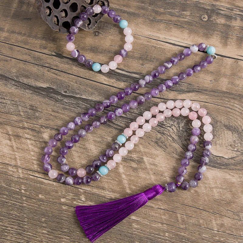 8MM Natürliche Amethyst Rose Quarz Perlen Set 108 Japa Mala Yoga Meditation Geist Friedlich Schmuck Quaste Anhänger Halskette