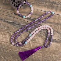 8mm natural amethyst rose quartz beaded set 108 japa mala yoga meditation spirit peaceful jewelry tassel pendant necklace