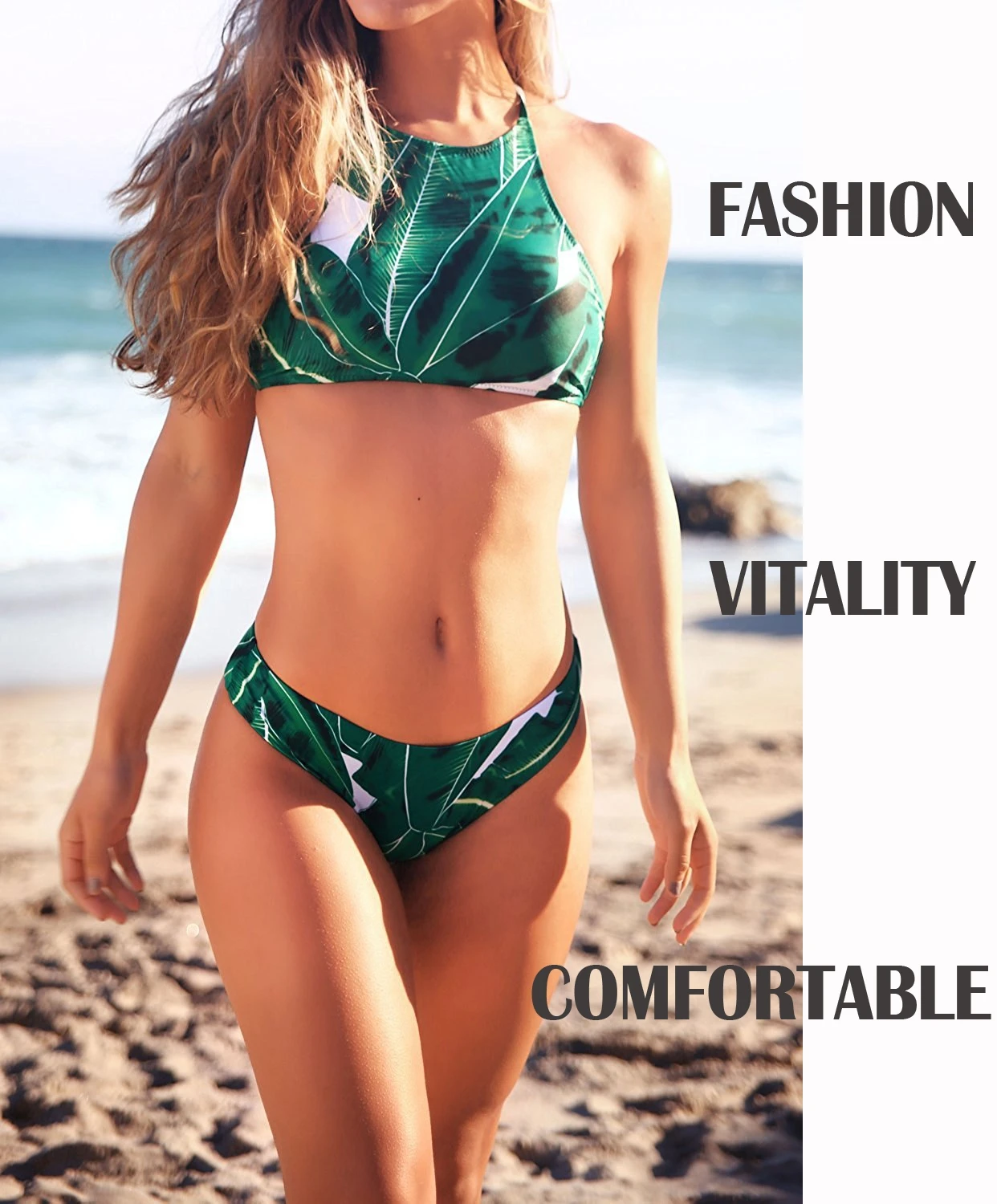 

Fashion Women's Forest Leaves Printing Beach Split Bikini Set with Chest Pad Dropshipping