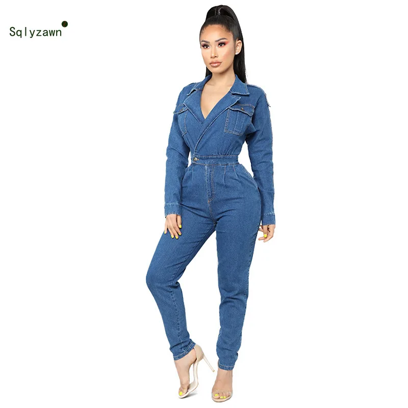 Женский джинсовый комбинезон на пуговицах синие комбинезоны с длинным рукавом и