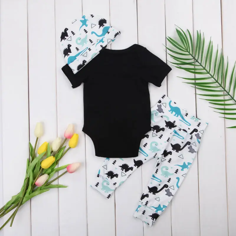 2019 Baby Summer Clothing Newborn Girl Boy Dinosaur Short Sleeve Bodysuit Pants Hat 3Pcs Cartoon Outfits Clothes Set 0-18M | Детская