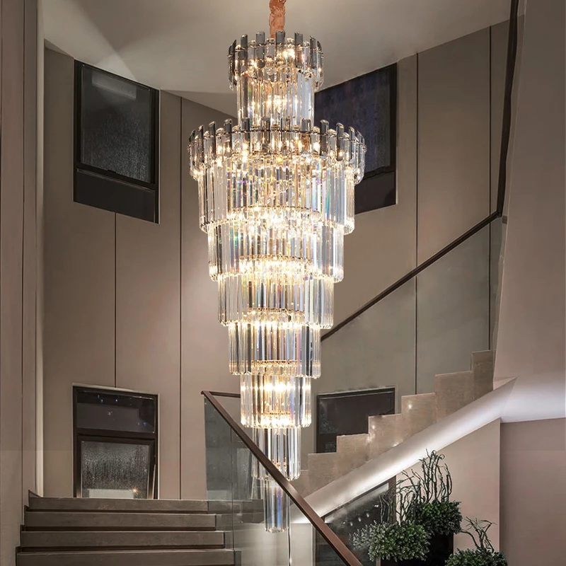 

Large Chandelier For Duplex Building Modern Minimalist Light Luxury Crystal Villa Living Room Hollow Hall Rotating Staircase