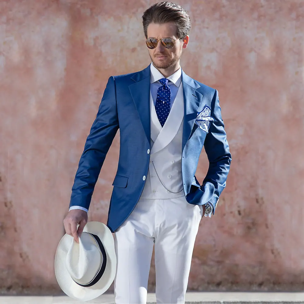 

Royal Blue Men's Suit Notched Lapel Blazers White Male Tuxedos For Wedding Groom Wear 3 Pieces Prom Jacket Vest And Pants