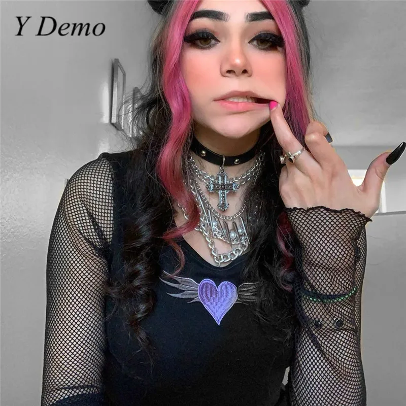 Милая бархатная футболка с вышивкой в виде сердца и сетчатым рукавом женские