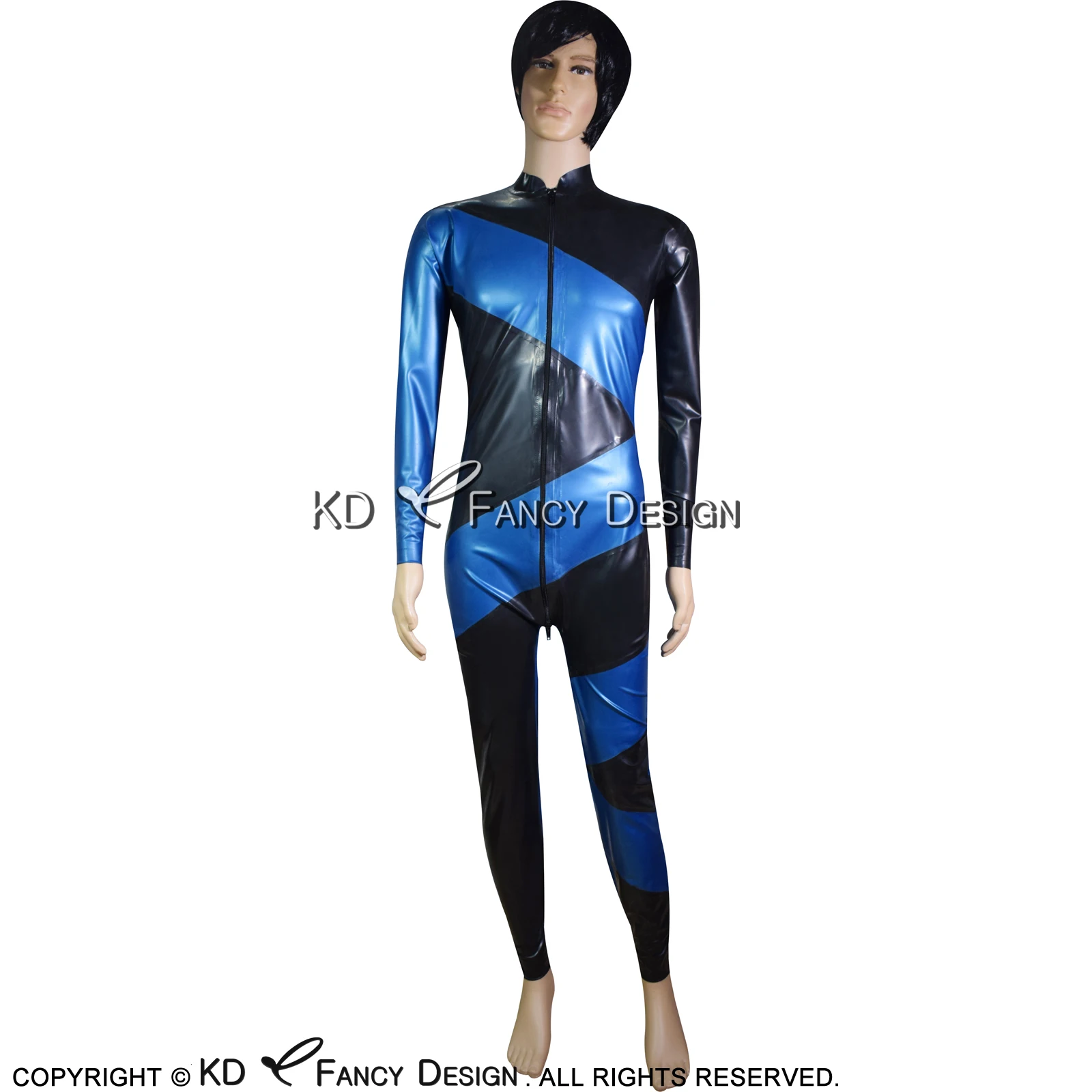 Черный и синий сексуальный комбинезон из латекса с диагоналями спереди до паха