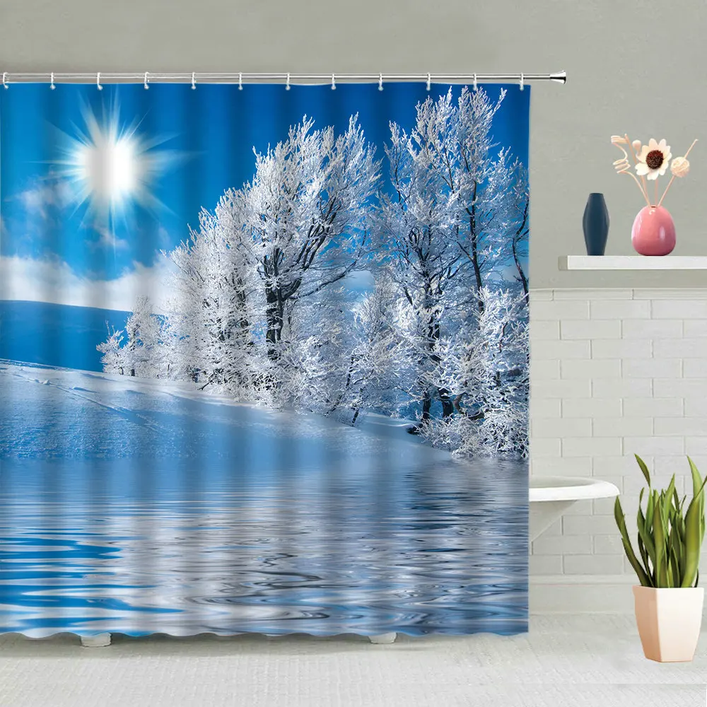 

Forest Snow View Shower Curtain Snowflake Mountain Tree Plant Natural Scenery Bath Curtains Bathroom Home Deco Waterproof Screen