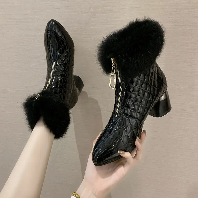 

Женские короткие ботинки, зимняя обувь, заостренный носок, молния спереди, квадратный каблук, модная женская обувь, зимние ботинки