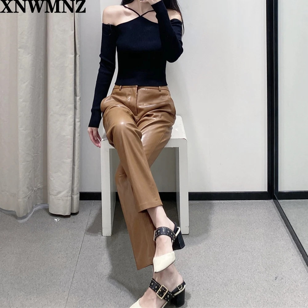 Женские блейзеры из искусственной кожи XNWMNZ za винтажное Коричневое Пальто с