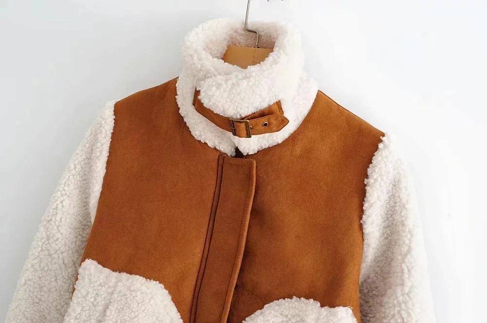 

European and American Retro Style Suede Stitching Lamb Wool Warm Women's Jacket 2020 New Turn-down Collar Thick Female Jacket