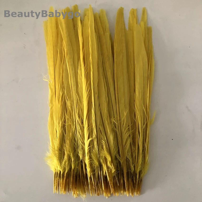 yellow 100 штук, черные перья фазана с кольцом, 25-30 см, 10-12 дюймов, длинные натуральные Куриные перья, шлейфы, карнавал, рождественские украшения - Цвет: yellow