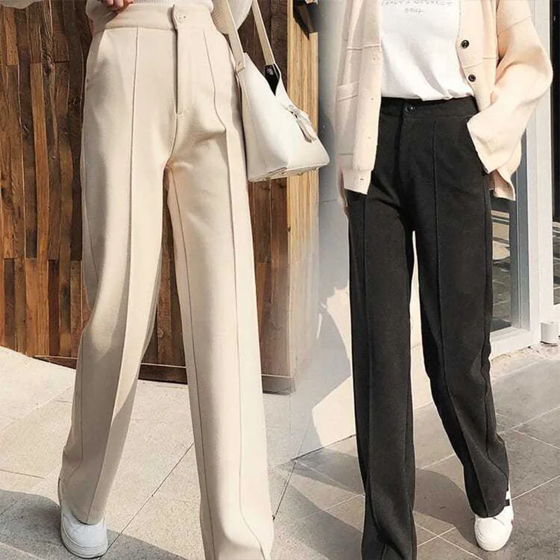 

Women's Spring Autumn Woolen Wide Leg Pants Women's Straight Pants Elastic Waist High Waist Solid Color Loose Trousers KK3341