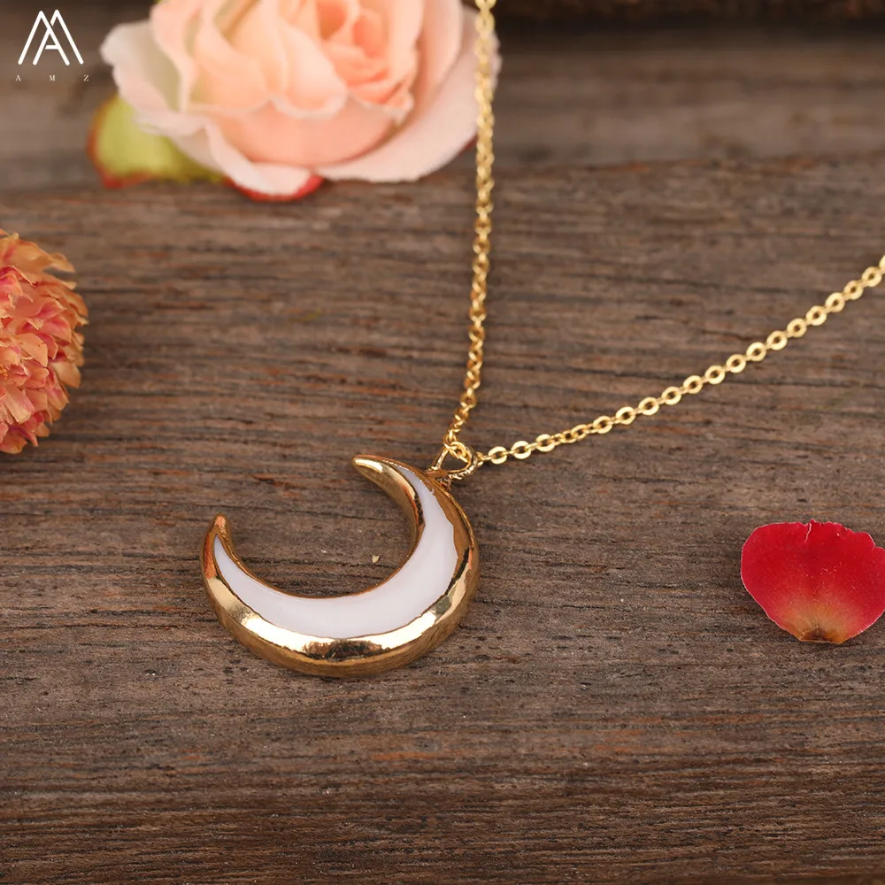 

Fashion Women Single White Shell Beads Pendant Gold Tennis Chains Necklace Boho Natural Shell Ox Horn Beads Adjustable Necklace