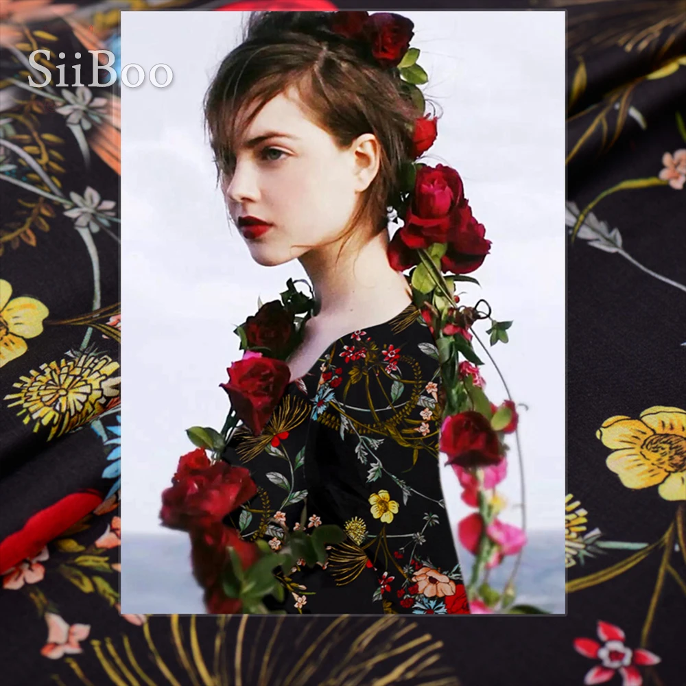 Фото Черная шифоновая ткань с цветочным принтом из 100% натурального шелка для платья