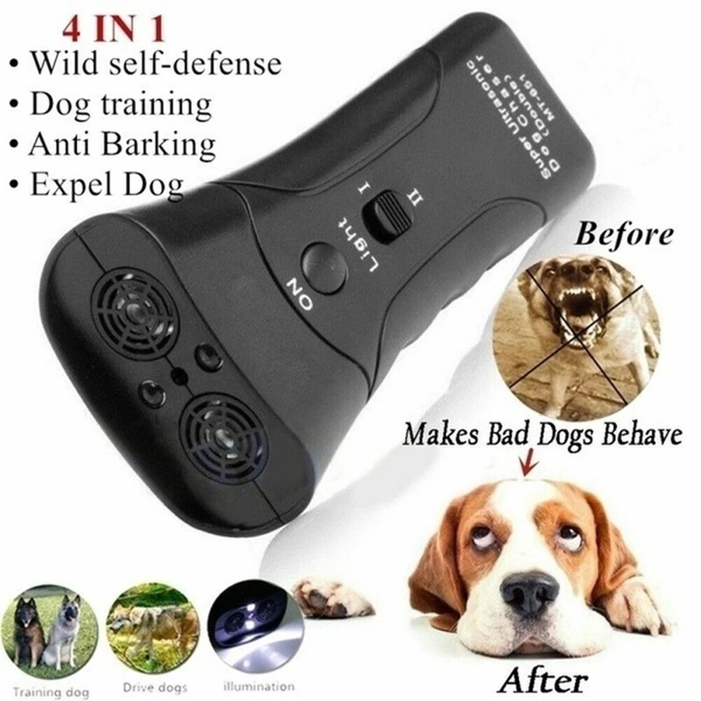 

Double Head Ultrasonic Dog Repeller Portable LED Flashlight Stop Bark Tool Pet Puppy Barking Control Training Device