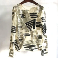 striped sequined blouse letter beading shirt women fashion long sleeve perspective mesh lace tops