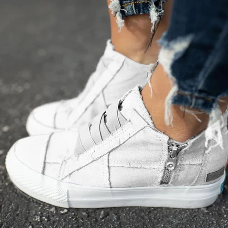 Women Sneakers 2020 Fashion Breathble Washed Canvas Wedge Shoes Platform Zipper Casual White | Обувь