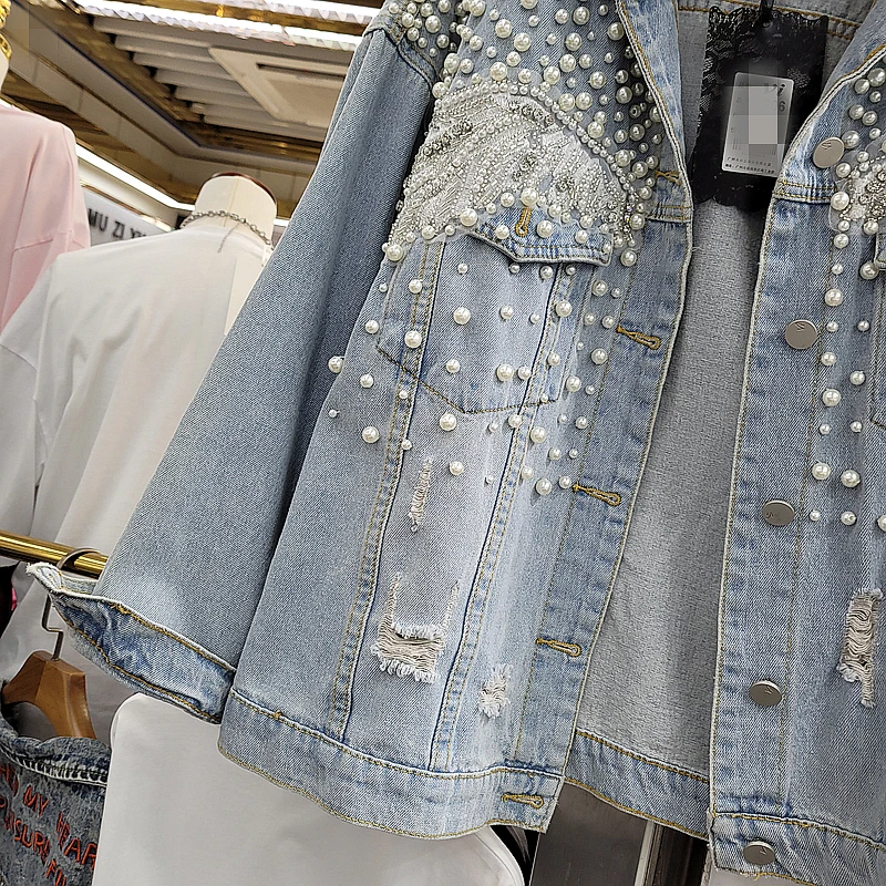 

2021 New Spring Diamond Beaded Pearl Ripped Denim Jacket Women Lapel Long Sleeve Loose Denim Coats Ladies