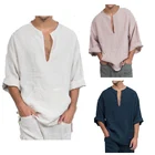 Мужской льняной костюм для косплея, Однотонная рубашка в средневековом стиле с V-образным вырезом, замаскированным карманом, дышащая одежда викингов для Хэллоуина и карнавала