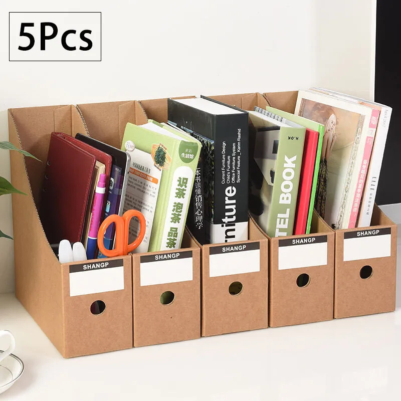 5Pcs Magazine File Holder Organizer Box Kraft Paper Office Supplies Bookend Desk Letter Documents Storage Stationery with Labels