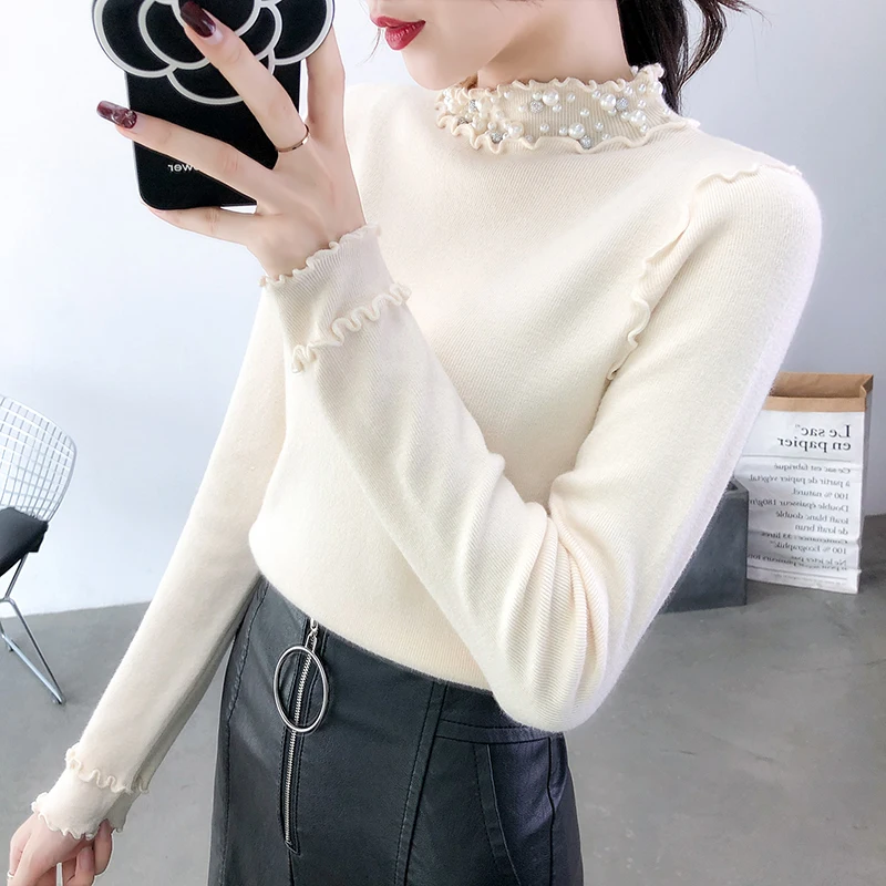 Lucyever Pearl Turtleneck Knitted Sweater Women Long Sleeve Elasticity Black Woman 2019 Winter Casual Simple Pull Femme | Женская одежда