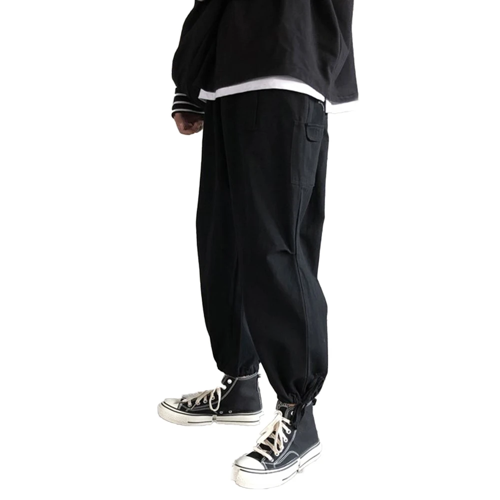 Модные мужские мягкие дышащие свободные брюки с завязками на лодыжках черные для