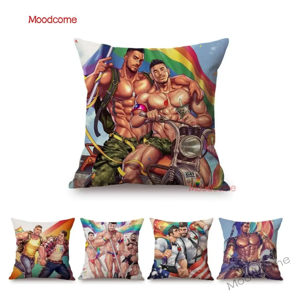 

LGBT Rainbow Gay Pride Parade Art Sexy Jock Guy Hot Men Home Decorative Sofa Throw Pillow Case Linen Boyfriend Art Cushion Cover