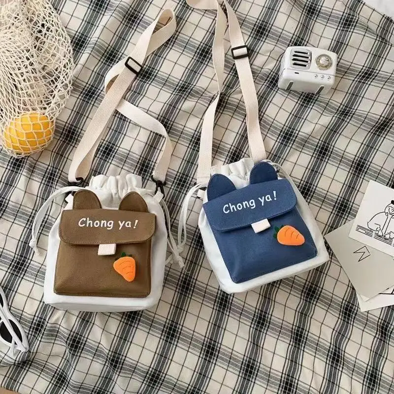 

New Women's One Shoulder Bag Canvas Bucket Bag Cute Japanese Canvas with Pendant Diagonal Shoulder Bucket Bag Satchels