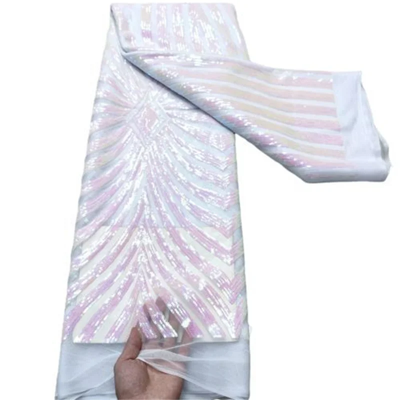 

White Latest Sequin Lace Fabric 5 Yards High Quality Net Embroidery Tailoring Material African Wedding Robe Soft Nigerian Lace