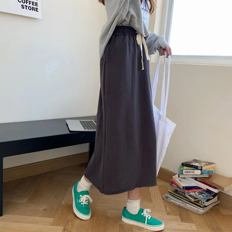 

Chic Solid Black Mid Calf Women Skirt Vintage Spring Autumn 2021 Lace-Up Straight Skirt Long High Waist Girls Pocket Skirts