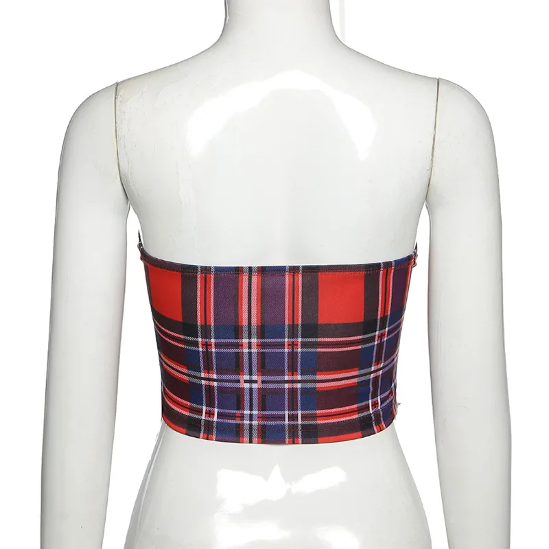 Сексуальный Топ без бретелек с открытыми плечами клетчатый бюстье укороченный
